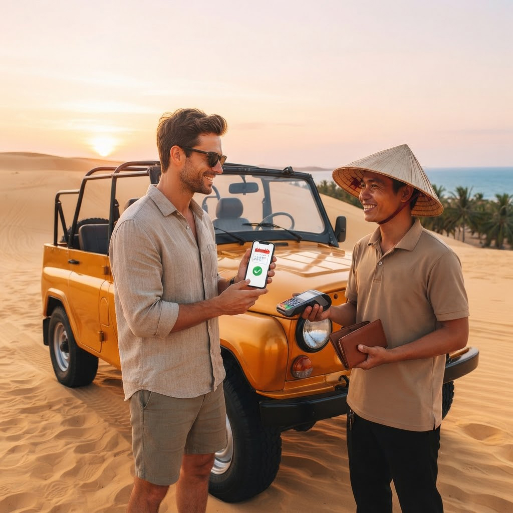 jeep tour Mui Ne deposit, Mui Ne jeep tour booking, jeep tour cancellation policy Mui Ne, secure jeep tour payment Vietnam