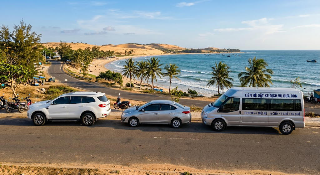 Contact us to book a car transfer service with 4-seater, 7-seater, and 16-seater vehicles from Ho Chi Minh City to Mui Ne.