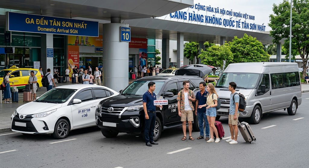 Airport pick-up at Tan Son Nhat Airport to Mui Ne by 4, 7, or 16-seater vehicle.